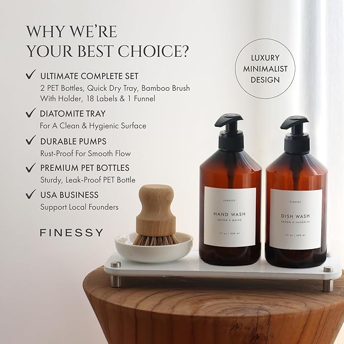 FINESSY Modern Hand and Dish Soap Dispenser Set for Kitchen Counter with Tray and Bamboo Brush, Kitchen Soap Dispenser Set with Tray Refillable Dual Containers Also for Dishwashing Liquid and Lotion