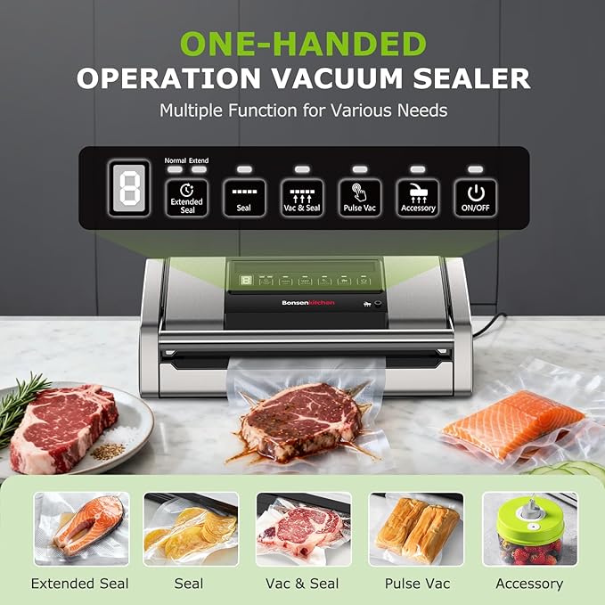 Bonsenkitchen Vacuum Sealer for Food, Easy-Lock Handle Vacuum Sealer Machine with Bag Clip, Built-in Cutter and Bag Storage for Sous Vide and Meal Prep, 1 Roll Bag & 10 Pre-Cut Bags, Silver