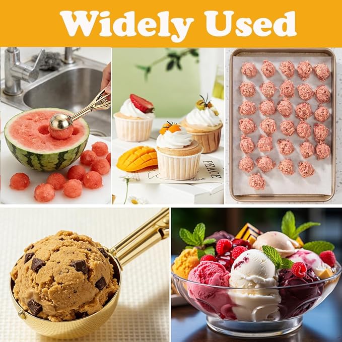 Stainless Steel Ice Cream Scoop Polished Melon Baller Scoop Metal Ice Cream Scoop with Trigger Cookie Scoop for Baking 3 sizes Fruit Spoons Kitchen (Rose Gold, S)