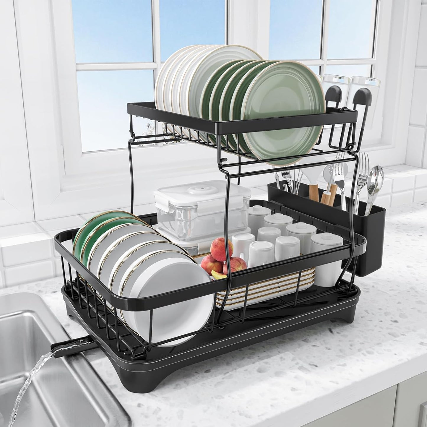 Dish Drying Rack Two-Tier Drying Rack with Utensil Holder, Auto-Draining Dish Rack for Kitchen Counter, Large Capacity for Plates, Bowls, Cups, Dish Drainer with Drainboard, Black