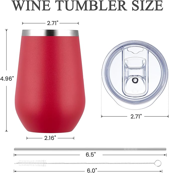 MEWAY Stemless 12oz Insulated Wine Tumbler with Lid and Straw - Double Wall Stainless Steel Thermal Cups for Hot and Cold Drinks, Bridal Shower Prizes for winners(Red,Set of 4)