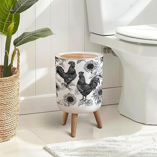 Trash Can with Lid Detailed Rooster Sunflower Black White Press Top Round Small Garbage Bin with Wooden Legs Waste Basket for Kitchen Bedroom Nursery 7L/1.8 Gallon