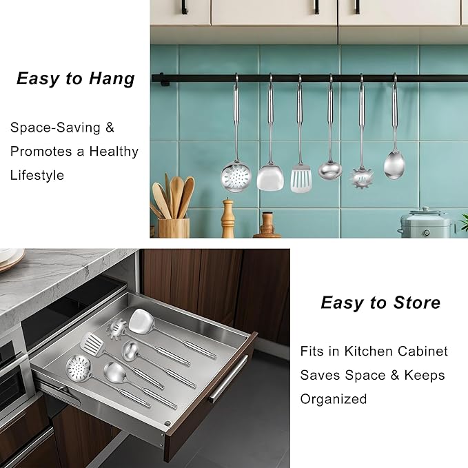 18/8 Stainless Steel Kitchen Utensils Set, 6 PCS 15in Metal Cooking Utensil Gadgets Tools Set with Spatula, Deep Ladle, spoon, Skimmer, Pasta Server, Slotted Spatula Turner, Dishwasher Safe (6Pack)