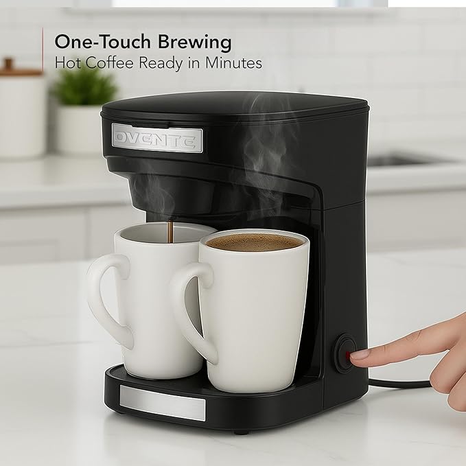 OVENTE Double Drip Coffee Maker with 2 Ceramic Mugs and Auto Shut Off, Small Dual Drip Coffee Maker Machine Works with Ground Coffee Only, Compact Kitchen or Office Essential, Black CMDD2MB
