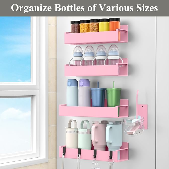 Magnetic Water Bottle Holder for Refrigerator, Cup Holder Organizer for Stanley and Tumbler for Kitchen, 4 Pack, Pink