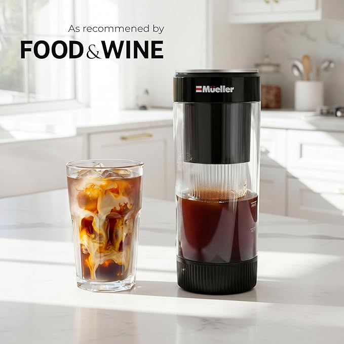 Mueller RapidBrew Cold Brew Iced Coffee Maker – 10 Min Fast Brew Portable Rechargeable Cold Brew Machine for Coffee & Tea – Adjustable Strength 10-99 Min – 20 Servings Per Charge, Black Coffee