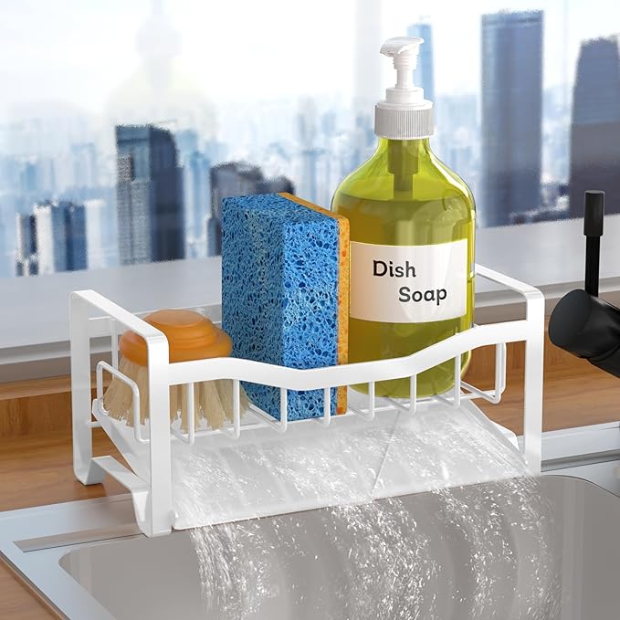 Maifan Stainless Steel Kitchen Sink Caddy Organizer with Auto Drain Tray, Sponge Holder for Countertop Storage (White)