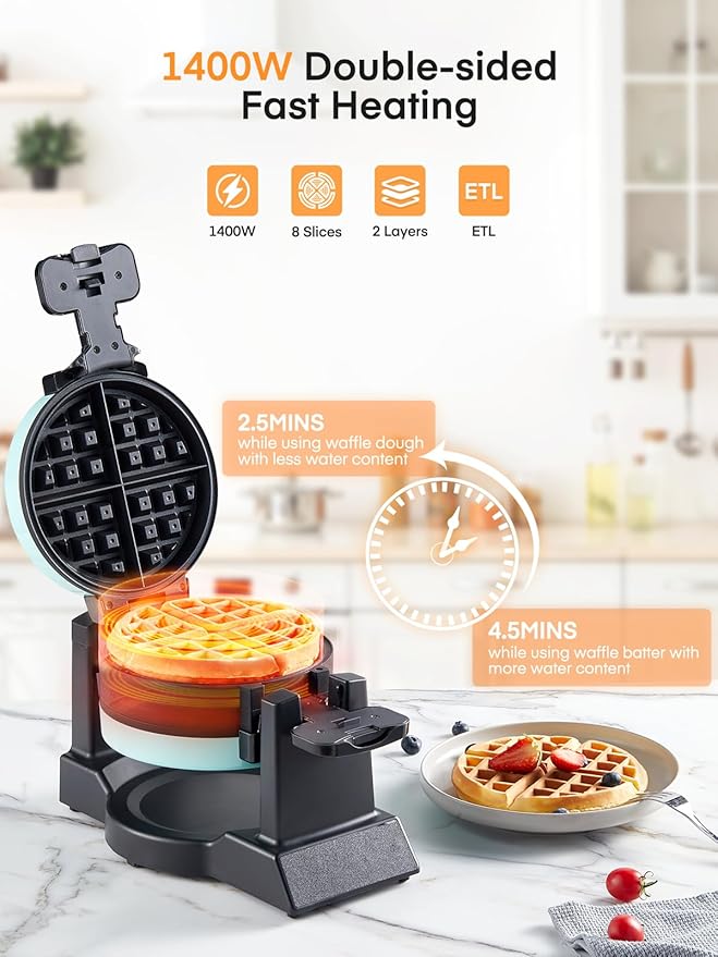Waffle Maker, 1400W Double Belgian Waffle Iron 180° Flip, 8 Slices in 3 Mins, Rotating & Nonstick Plates, Anti-Scald, Removable Drip Tray Easy to Clean, Cool Touch Handle, Space-Saving (Mint Blue)