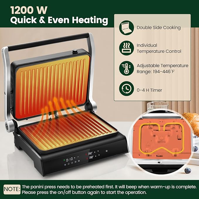 KOTEK Panini Press Sandwich Maker, 1200W 4 Slice Sandwich Toaster, Removable Drip Tray & Non-Stick Coated Plates, Open 180°, 3-In-1 Electric Indoor Grill w/5 Auto Modes, Temperature Control & Timer