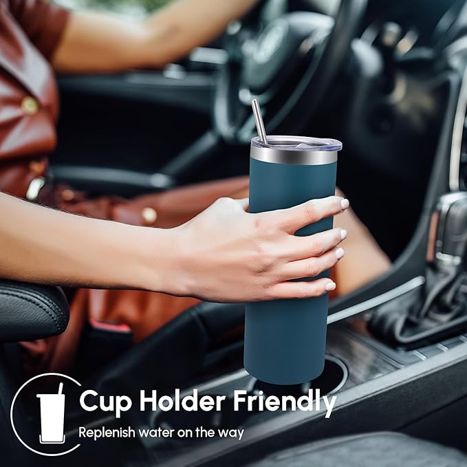 Volhoply 20 oz Skinny Tumbler with Lid and Straw, Stainless Steel Straight Tumblers Cup, Vacuum Insulated Coffee Mug for Home, Office, Travel, DIY (Dark Green,1 Pack)