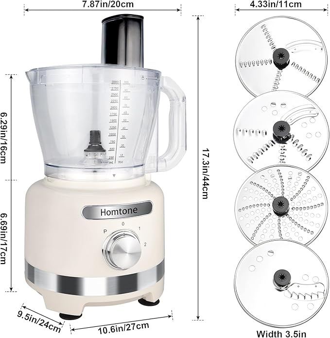 Homtone 16 Cup Food Processor Large, 9-in-1 Vegetable Chopper with 7 Blades for Shredding, Slicing, French Fry Cutting, Meat Grinding, Dough Kneading & Emulsifying, 3 Speeds, Dishwasher Safe, White