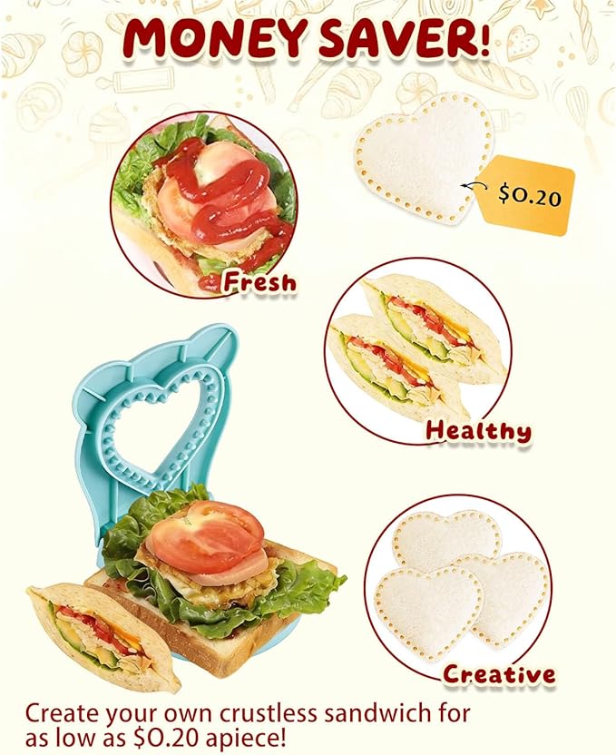 CHICHAUS Uncrustable Sandwich Maker,Sandwiches Pocket Circle Shape 3.7Inch Sandwich Cutter and Sealer,Sandwich Cutter for Kids Breakfast and lunchboxes (Heart Blue)