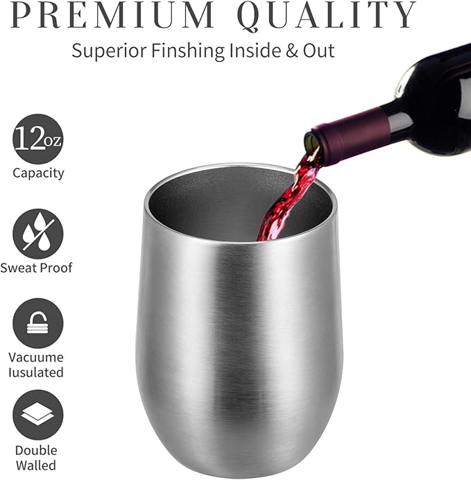 MEWAY Stemless 12oz Wine Tumbler Glasses with Lid -Insulated Double Wall Vacuum Stainless Steel Travel Tumbler with Straw,for Woman Under 10 dollars (Silver,1)