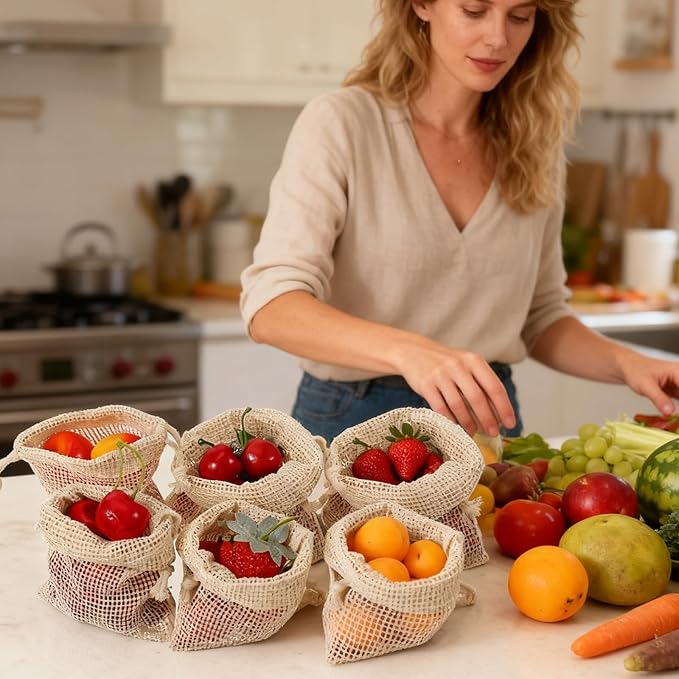 6 Pack Reusable Produce Bags, Cotton Mesh Bags With Drawstring for Vegetables Fruits Grocery Shopping, Multi Size Durable Washable Storage Bag (2L,2M,2S)