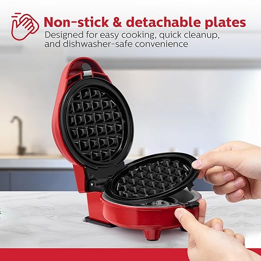Holstein Housewares 5-in-1 Mini Waffle and Griddle Maker – 4-Inch Personal Appliance with 7 Removable Non-Stick Plates, Makes Puppy, Kitty, Heart-Shaped Waffles, Pancakes, Eggs & More