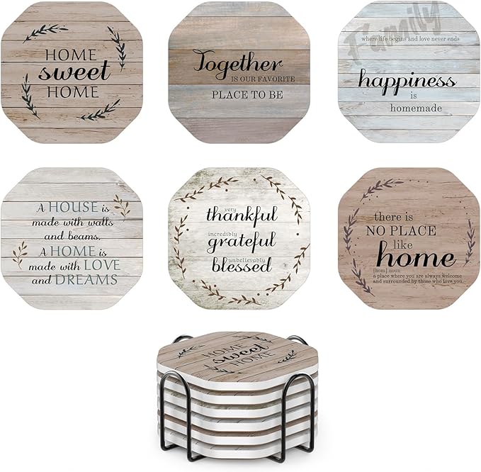 UMIRRO Rustic Farmhouse Coasters for Coffee Table Decor, Ceramic Coaster Set with Holder for Wooden Table, Cute Cup Coasters for Drinks Absorbent, Housewarming Gifts for New House/Home, 4", 6 Pack