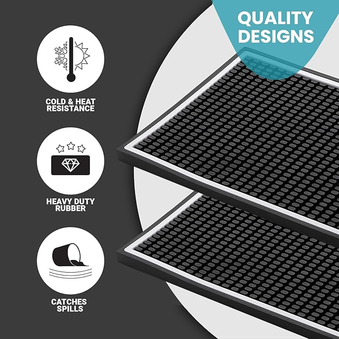 Bar Mat 2-Pack, 18 x 12 Rubber Coffee Bar Mats for Countertop, Bartending, Home Use, Spill Protection and Coffee Stations, Ideal Matt for Cocktail, Whiskey and Espresso