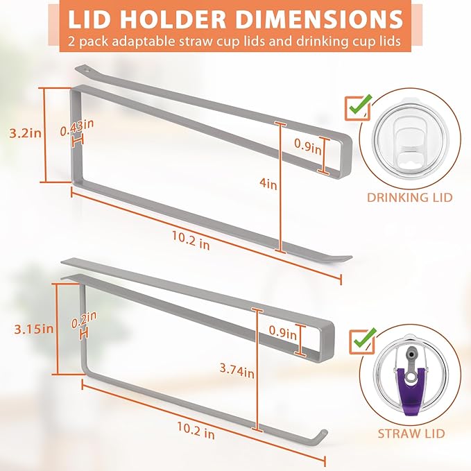 2 Pack Tumbler Lid Organizer, Horizontal Tumbler Lid Storage Hook Up to 20 Lids, Space Saving Cup Lid Holder Under Cabinet Tumbler Lid Hook for Kitchen Organizer, Paper Towel Hanger(Round&Flat, Grey)