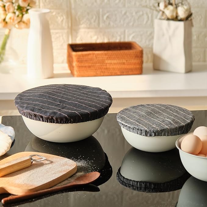 100% Pure Linen Bowl Covers For Bread Proofing, 4 Pcs Elastic Reusable Bowl Covers Large Ticking Striped Cloth Fabric Stretch Sourdough Lids, 6 * 8 * 10 * 12 Inches- Black