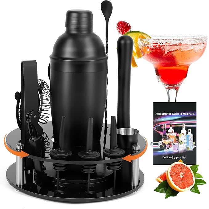 Bartender Kit,Cocktail Shaker Set 13-Piece Bar Tool Set with Acrylic Rotatable Stand for The Home,Bar（Frosted Black）