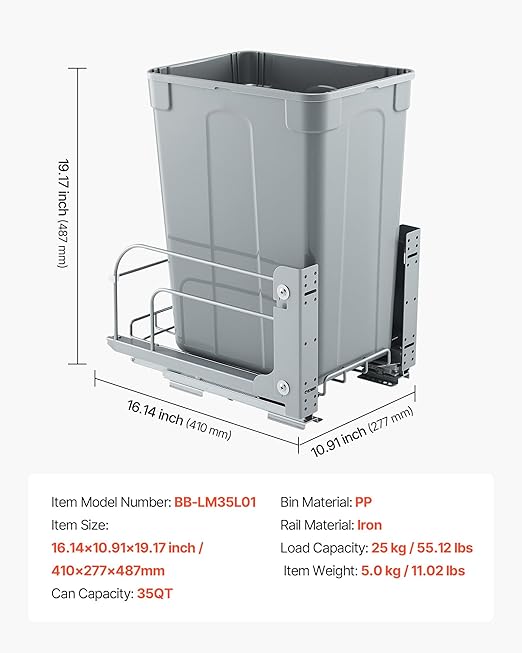 VEVOR Pullout Trash Can for Kitchen Cabinets, 35 QT Garbage Waste Recycling Bin, Under Mount Waste Container, with Heavy Duty Metal Soft Close Sliding System and Door Kit, for Sink, Under Counter