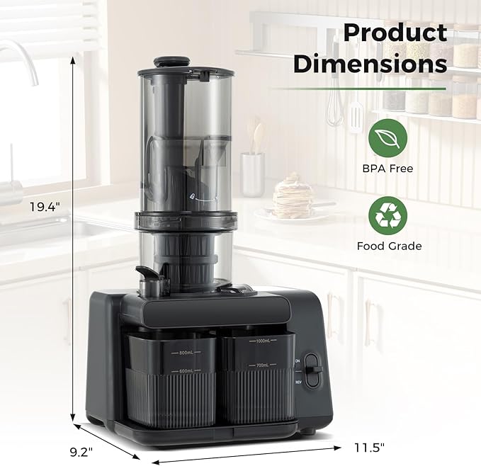 Cold Press Juicer, 5.3" Wide Feed Chute Easy to Clean Juicers w/Cleaning Brush & 2 Cups, 200W Power Motor Slow Masticating Juicer Machine w/High Juice Yield for Whole Vegetables & Fruits