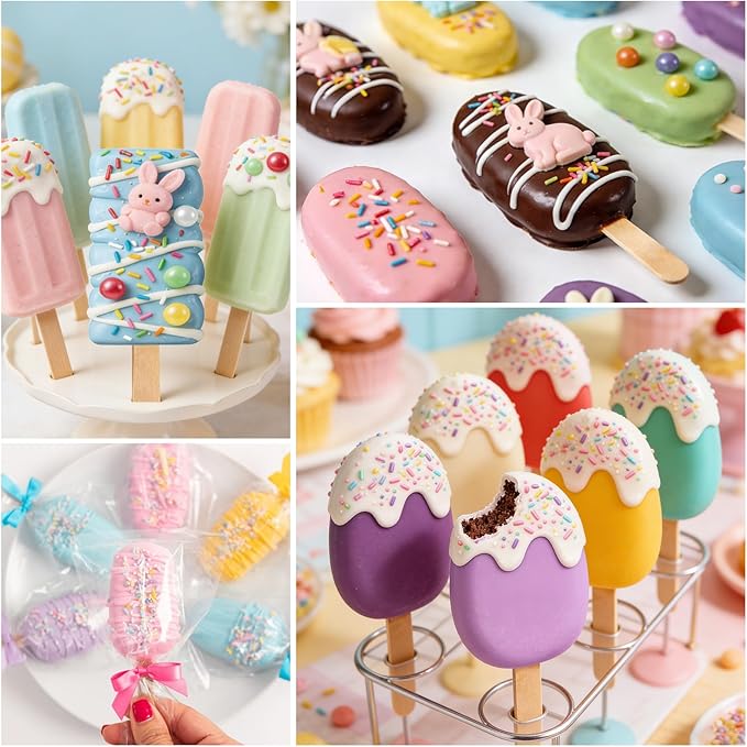 Juome Cake Pop Mold Kit, 2 Pack 6 Cavities Cakesicle Molds Silicone with 100 Wooden Sticks & 100 Packaging Bags with Ties, Cake Pop Maker Supplies Accessories, Baking Tools for Home Baking Desserts