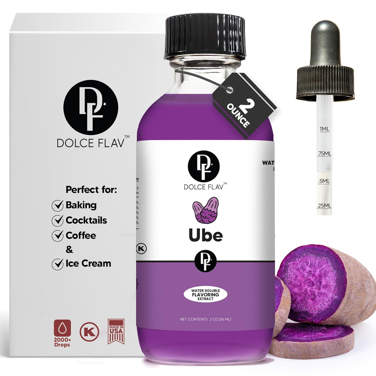Dolce Flav Purple Ube Extract – 2 Ounce Water-Soluble Kosher, Sugar-Free, Concentrated Sweet Ube Flavoring for Baking, Ice Cream & Pastries, Includes Measured Dropper