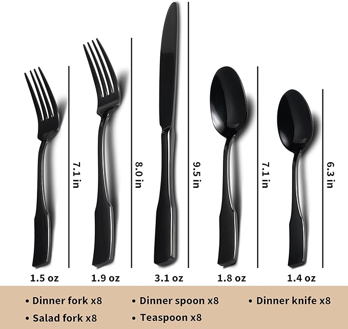 Alata Kate Black Mirror 45-Piece Silverware With Utensil-Serving Set, Service for 8, Stainless Steel Flatware, Mirror Polished Cutlery, Dishwasher Safe