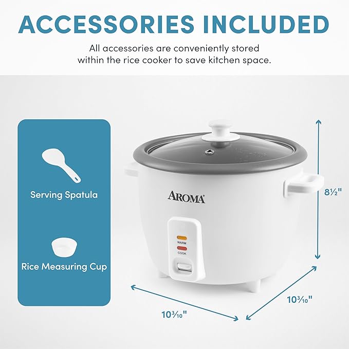 AROMA® Rice Cooker, 8-Cup (Uncooked) / 16-Cup (Cooked), Pot-Style Rice Cooker and Soup Warmer with One-Touch Control, 4 Qt, White, ARC-368NG