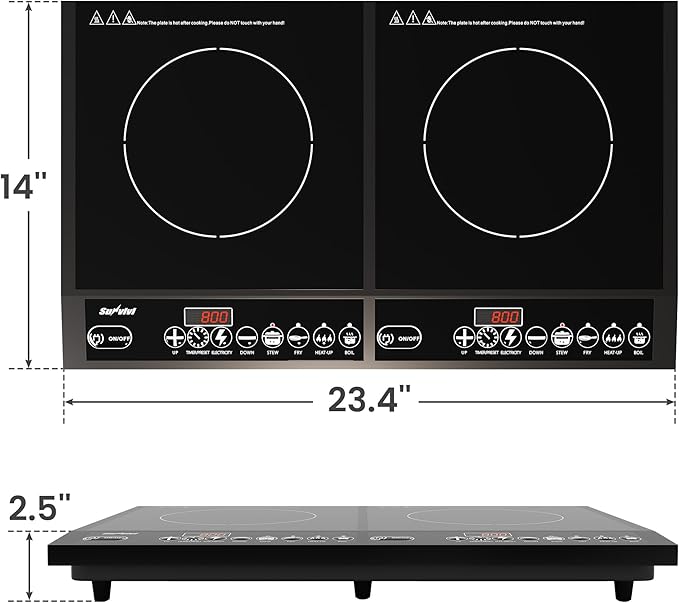 Sunvivi Portable Induction Cooktop: 2 Burners in 1, Commercial-Grade Electric Countertop Stove with LED Touchscreen, 8 Power Levels & Precise Temp Control (176°F-518°F), Independent Timer, Black