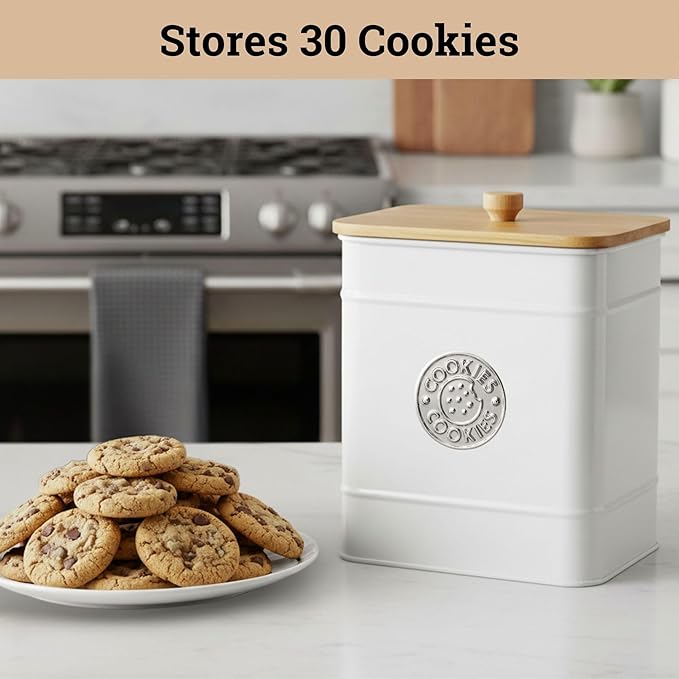 Cookie Jar with Airtight Lid - 1 Gallon - 6"D x 8"H White Iron Cookie Tin with Bamboo Lid - Large Cookie Jars with Lids Airtight - Farmhouse Cookie Jars for Kitchen Counter Decorative - Cookies Jar