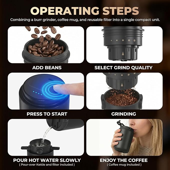 HAUSHOF Portable Coffee Maker, Travel Coffee Maker Battery Operated Small Pour Over Set, Compact Coffee Maker with Electric Grinder & Insulated Mug for Travel, Camping, Car
