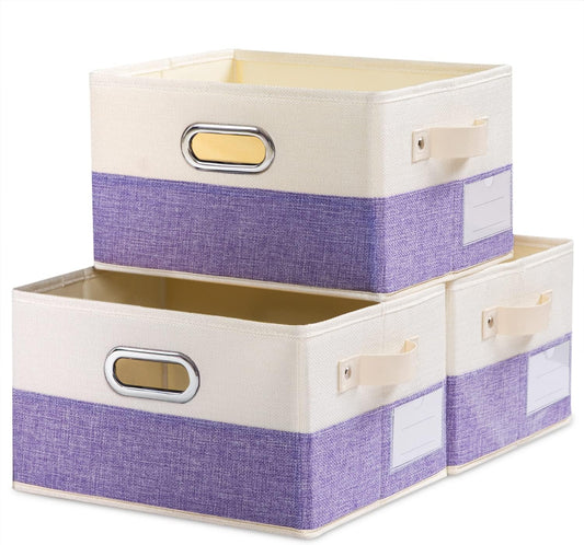 PRANDOM Fodable Storage Bins for Closet [3-Pack] Decorative Fabric Storage Baskets Cubes with Leather/Metal Handles for Shelves Bedroom Living Room Purple&Cream (11.5x8.5x6.7 Inch)