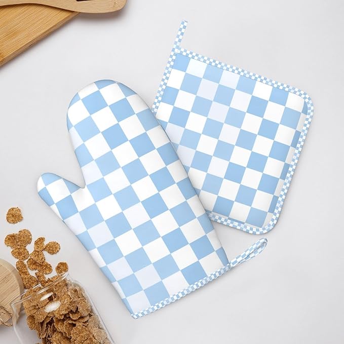 Oven Mitts and Pot Holders Set, Checkerboard Pattern Pastel Blue Silicone Kitchen Accessories 4 Piece Heat Resistant Long Gloves Potholder Non-Slip Grip for Chef Cooking Baking Grilling BBQ