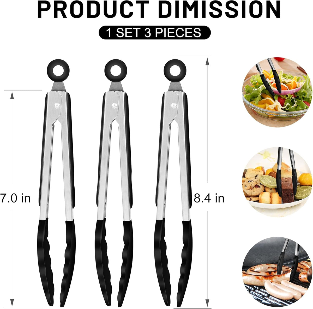 Hotec Mini Silicone Kitchen Tongs for Cooking - 7-Inch Small Serving Tongs with Silicone Tips, Set of 3 (Black)