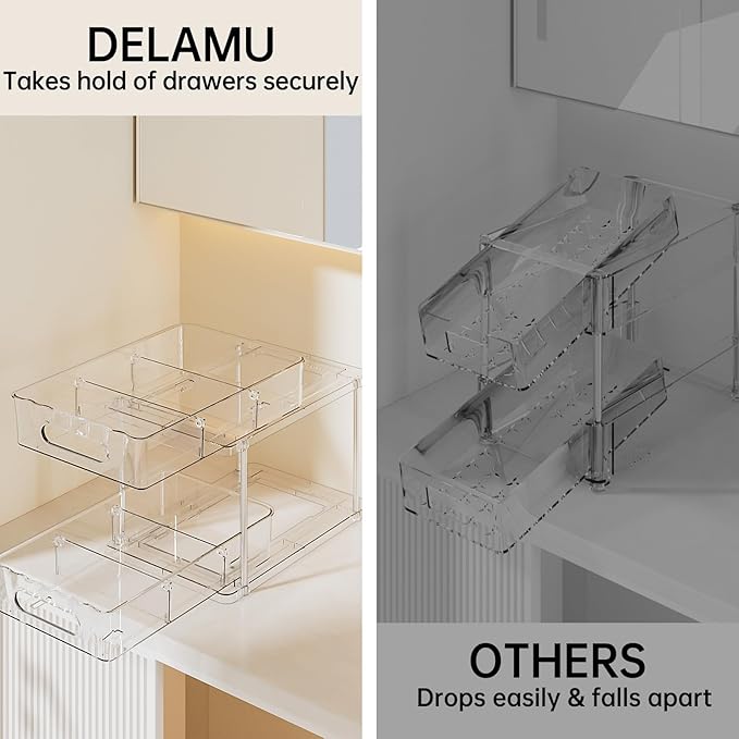 Delamu 2 Tier Snap-Lock Bathroom Under Sink Organizers and Storage, Multi-Purpose Cabinet Drawers with Movable Dividers, Pull Out Organization for Countertop, Kitchen and Pantry(Clear, 2 Pack)