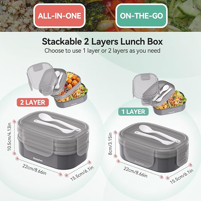 2 Layers Bento Box, All-in-One Stackable Lunch Container with Compartments, 64oz Leakproof Microwave Safe Dishwasher Safe Bento Box with Lunch Bag and Utensil Set for Kids and Adults