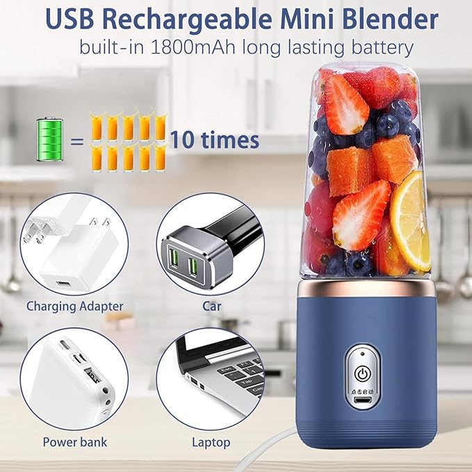 Portable Blender, Personal Blender USB Rchargeable, Mini Blender for Shakes and Smoothies, 400ML Portable Fruit Veggie Juicer Cup With 6 Blades and Travel Lid, Handheld Blender for Travel Gym Kitchen