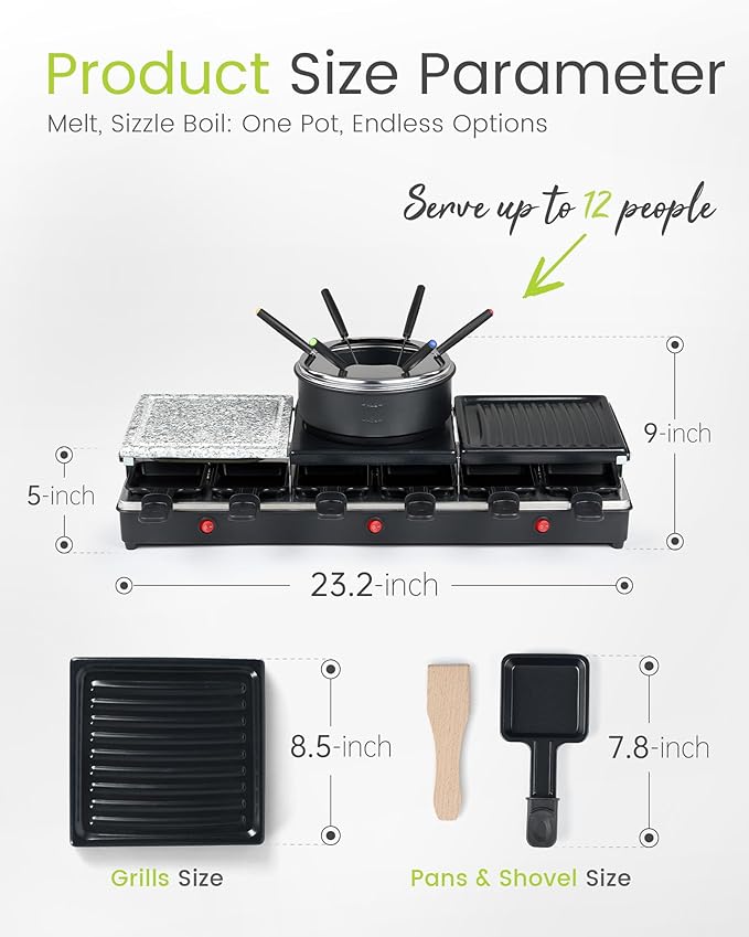 Raclette Table Grill - Indoor Electric Grill Griddle - Nonstick Extra Large Reversible 4-In-1 Outdoor Dishwasher Safe with Cheese 12 Paddles 12 Spatulas for 12 Person, FD-12RN1650