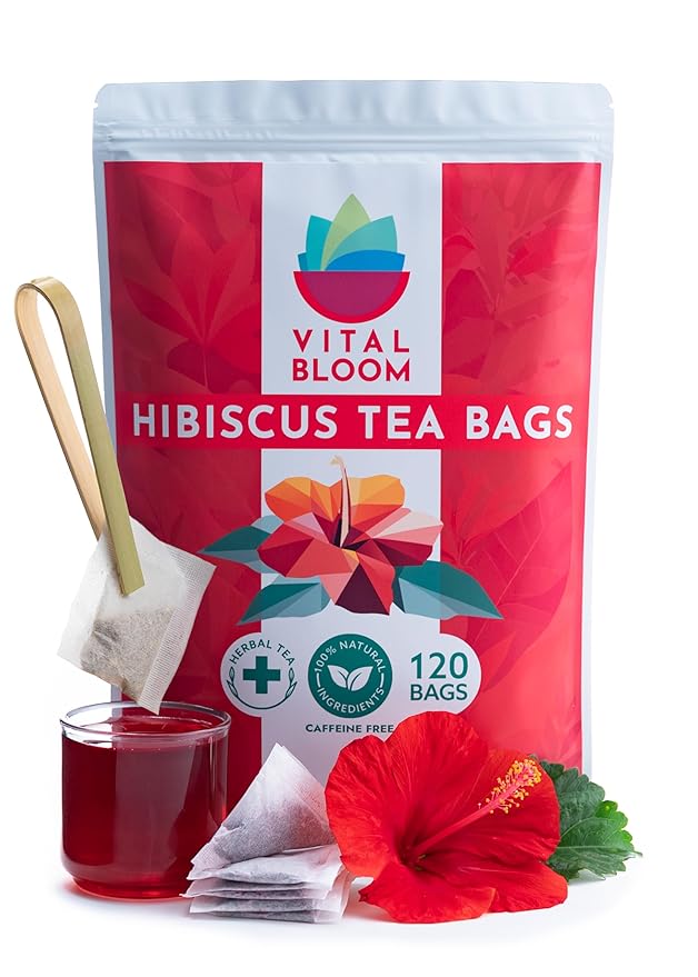 Vital Bloom Hibiscus Tea, 120 Tea Bags, 100% Natural Hibiscus Flowers, Caffein Free, Hot or Cold Brew Herbal Tea, Bleach Free Tea Bags, Non GMO (Free Bamboo Tongs included)