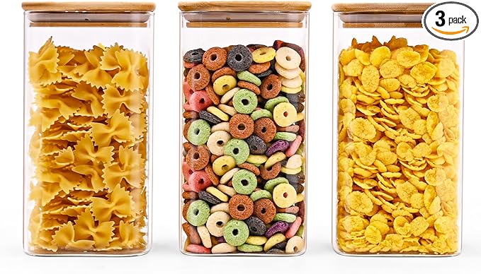 SHOWIN Glass Food Storage Jars Square 44oz, 3 Pack Glass Jars With Bamboo Lids, Kitchen Storage Containers For Spice, Candy, Cookie, Storage For Pantry Organizers
