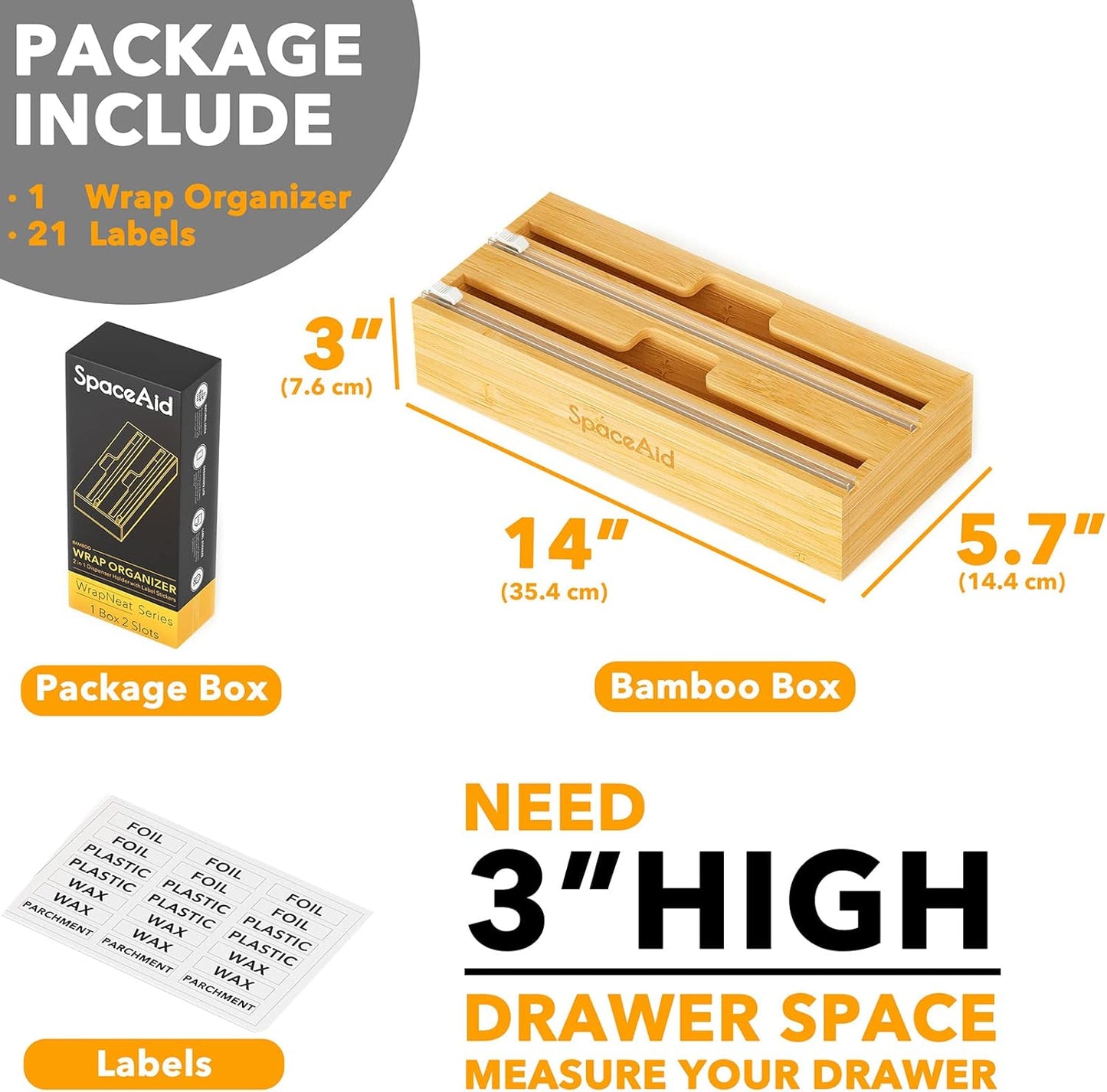 SpaceAid WrapNeat 2 in 1 Wrap Organizer with Cutter and Labels, Plastic Wrap, Aluminum Foil and Wax Bamboo Dispenser for Kitchen Storage Organization Holder for 12" Roll (Natural, 2-Slot)