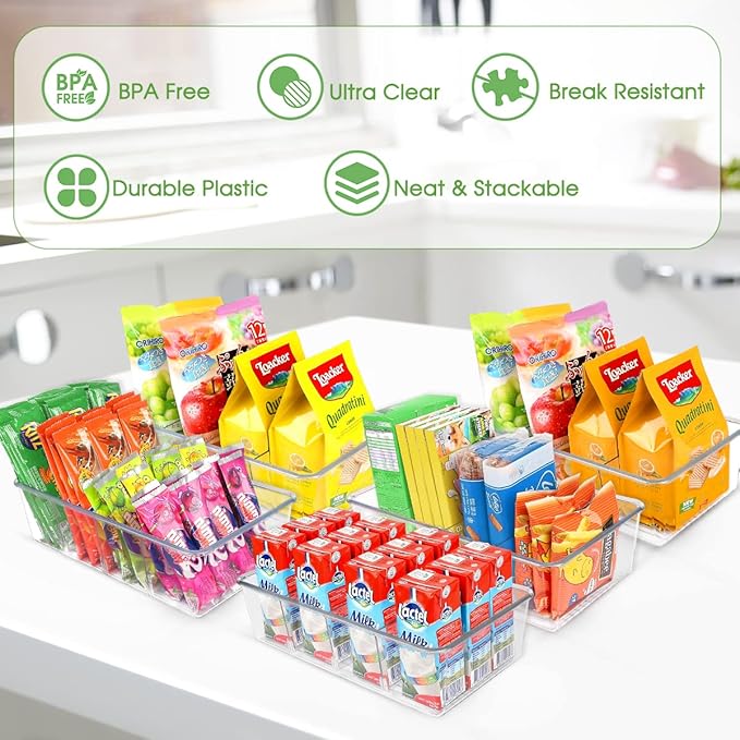 Snack Organizer for Pantry Shelf, 6 Pack Clear Plastic Pantry Storage Bins with 3 Dividers for Snacks, Spices, Chips Food Organizer, Stackable Pantry Organizers for Kitchen, Fridge, Cabinet