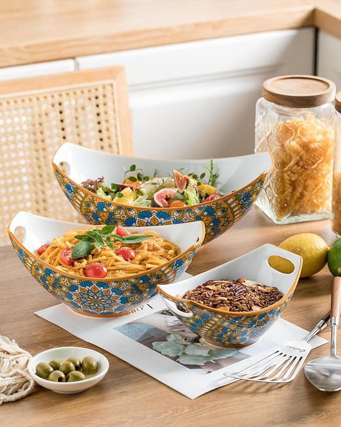 LAUCHUH Serving Dishes for Entertaining, Porcelain Serving Bowls with Handles Bohemian Salad Bowls Set Nesting Bowls for Mother's Day Party, Set of 3, 15/28/49 oz, Blue and Yellow