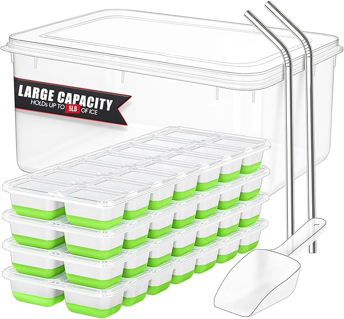 Mini Ice Cube Tray Set & Silicone Ice Cube Tray Set - 8 Trays, 2 Bins, 2 Scoops, 2 Tongs & 4 Straws