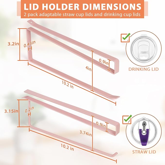 2 Pack Tumbler Lid Organizer, Horizontal Tumbler Lid Storage Hook Up to 20 Lids, Space Saving Cup Lid Holder Under Cabinet Tumbler Lid Hook for Kitchen Organizer, Paper Towel Hanger(Round&Flat, Pink)