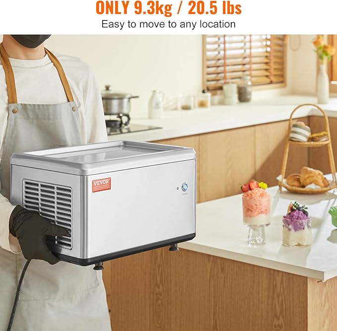 VEVOR Fried Ice Cream Machine, 12.6" x 8.5" 120W Stir-Fried Ice Cream Roll Maker with Compressor and 2 Scrapers, for Making Dessert Rolls, Frozen Yogurt