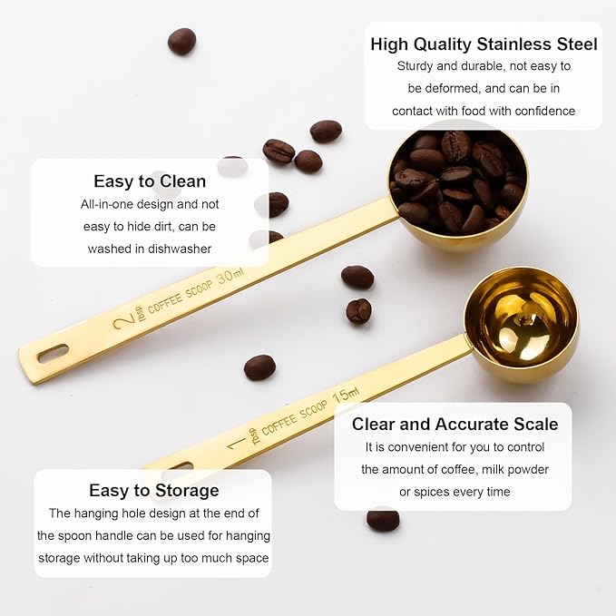 4 Pcs Coffee Scoop, Gold Stainless Steel Coffee Spoons Set, 2 Pack 1 tablespoon (15ml) and 2Pack 1 tablespoons (30ml) Spoon, Gold Tablespoon Measure Spoon for Coffee, Milk Powder, Fruit Powder