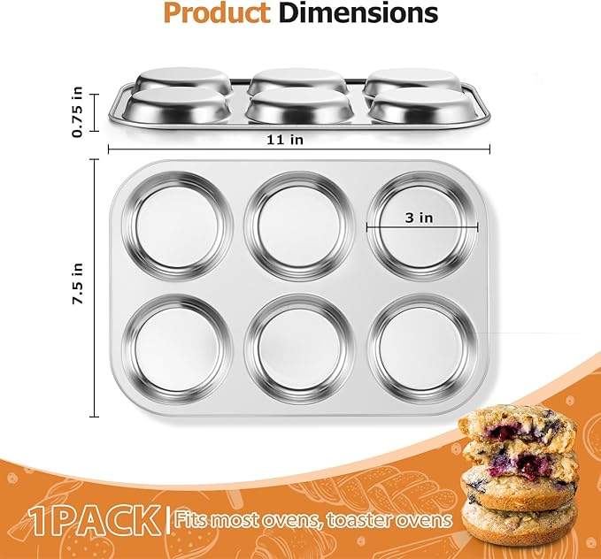 E-far Muffin Top Pan, Stainless Steel 6-Cavity Shallow Cupcake Pan for Baking Whoopie Pie, Yorkshire Pudding, Eggs, Cornbread, Drop Cookies, Non-toxic & Standard Size, Oven & Dishwasher Safe